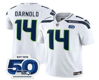 Men's Seattle Seahawks #14 Sam Darnold White 2025 FUSE 50th Patch Vapor Limited Stitched Jersey