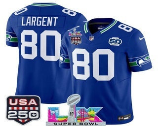 Men's Seattle Seahawks #80 Steve Largent Royal FUSE Super Bowl LX 50th USA 250 Patch Vapor Throwback Limited Jersey