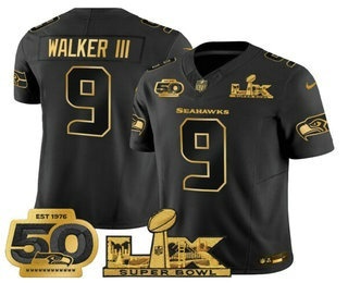 Men's Seattle Seahawks #9 Kenneth Walker III Black Gold Super Bowl LX 50th Patch FUSE Limited Jersey