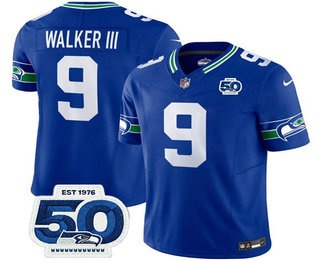 Men's Seattle Seahawks #9 Kenneth Walker III Royal 2025 FUSE 50th Patch Throwback Vapor Limited Stitched Jersey