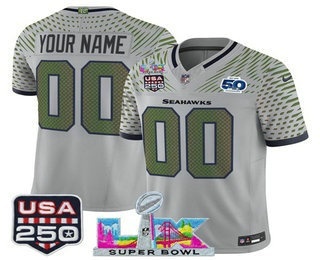 Men's Seattle Seahawks Custom Gray FUSE Super Bowl LX US 250th 50th Patch Rivalries Vapor Limited Jersey