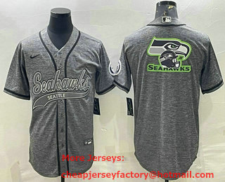 Men's Seattle Seahawks Grey Gridiron Team Big Logo With Patch Cool Base Stitched Baseball Jersey