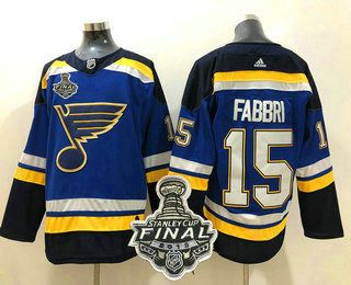 Men's St. Louis Blues #15 Robby Fabbri Blue 2019 NHL Stanley Cup Final Patch Adidas Stitched NHL Jersey