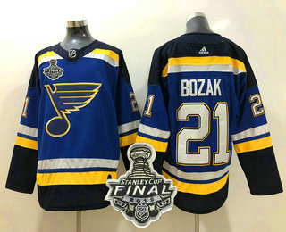 Men's St. Louis Blues #21 Tyler Bozak Blue 2019 NHL Stanley Cup Final Patch Adidas Stitched NHL Jersey