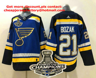 Men's St. Louis Blues #21 Tyler Bozak Blue 2019 Stanley Cup Champions Patch Adidas Stitched NHL Jersey