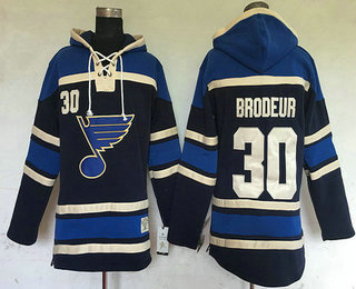 Men's St. Louis Blues #30 Martin Brodeur Navy Blue Old Time Hockey Hoodie