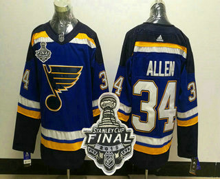 Men's St. Louis Blues #34 Jake Allen Blue 2019 NHL Stanley Cup Final Patch Adidas Stitched NHL Jersey