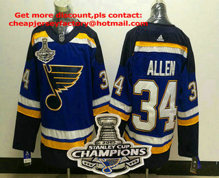 Men's St. Louis Blues #34 Jake Allen Blue 2019 Stanley Cup Champions Patch Adidas Stitched NHL Jersey