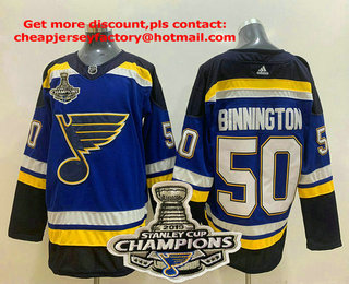 Men's St. Louis Blues #50 Jordan Binnington Blue 2019 Stanley Cup Champions Patch Adidas Stitched NHL Jersey