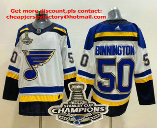 Men's St. Louis Blues #50 Jordan Binnington White 2019 Stanley Cup Champions Patch Adidas Stitched NHL Jersey