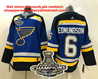 Men's St. Louis Blues #6 Joel Edmundson Blue 2019 Stanley Cup Champions Patch Adidas Stitched NHL Jersey