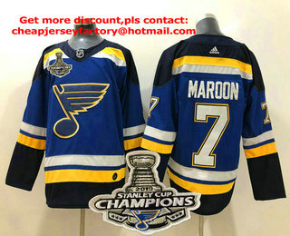 Men's St. Louis Blues #7 Pat Maroon Blue 2019 Stanley Cup Champions Patch Adidas Stitched NHL Jersey