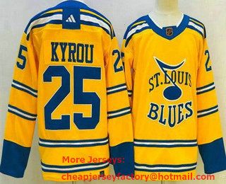 Men's St Louis Blues #25 Jordan Kyrou Yellow 2022 Reverse Retro Authentic Jersey