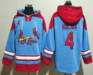 Men's St Louis Cardinals #4 Yadier Molina Blue Ageless Must Have Lace Up Pullover Hoodie