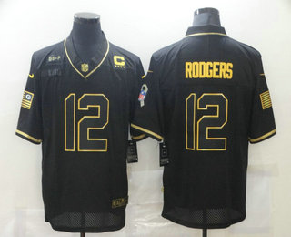 Men's Green Bay Packers #12 Aaron Rodgers 2020 Black Gold Salute To Service With C Patch Limited Stitched Jersey