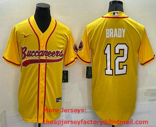 Men's Tampa Bay Buccaneers #12 Tom Brady Yellow Stitched Cool Base Nike Baseball Jersey