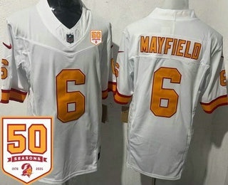 Men's Tampa Bay Buccaneers #6 Baker Mayfield Limited White Throwback 50th Seasons FUSE Vapor Jersey