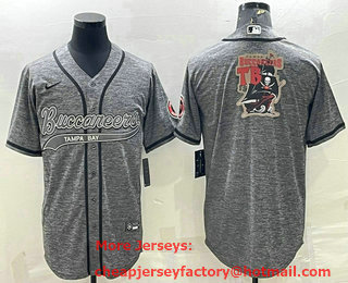 Men's Tampa Bay Buccaneers Grey Gridiron Team Big Logo With Patch Cool Base Stitched Baseball Jersey