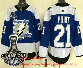 Men's Tampa Bay Lightning #21 Brayden Point Blue 2021 Reverse Retro 2021 Stanley Cup Champions Authentic Jersey