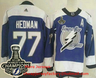 Men's Tampa Bay Lightning #77 Victor Hedman Blue 2021 Reverse Retro 2021 Stanley Cup Champions Authentic Jersey