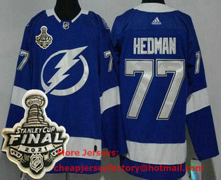Men's Tampa Bay Lightning #77 Victor Hedman Blue 2021 Stanley Cup Finals Authentic Jersey