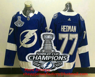 Men's Tampa Bay Lightning #77 Victor Hedman Light Blue 2020 Stanley Cup Champions Patch Adidas Stitched NHL Jersey