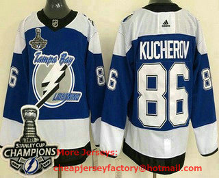 Men's Tampa Bay Lightning #86 Nikita Kucherov Blue 2021 Reverse Retro 2021 Stanley Cup Champions Authentic Jersey