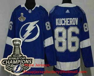 Men's Tampa Bay Lightning #86 Nikita Kucherov Blue 2021 Stanley Cup Champions Authentic Jersey