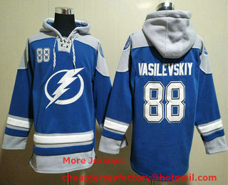 Men's Tampa Bay Lightning #88 Andrei Vasilevskiy Blue Ageless Must Have Lace Up Pullover Hoodie