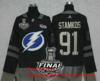 Men's Tampa Bay Lightning #91 Steven Stamkos Black 2020 Stanley Cup Final Patch 100th Anniversary Stitched NHL 2017 Hockey Jersey