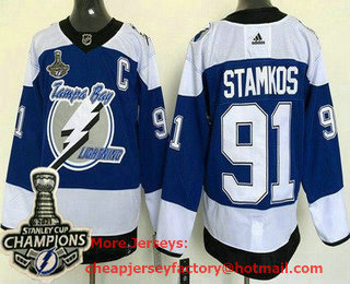 Men's Tampa Bay Lightning #91 Steven Stamkos Blue 2021 Reverse Retro 2021 Stanley Cup Champions Authentic Jersey