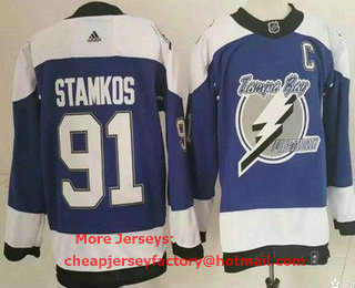 Men's Tampa Bay Lightning #91 Steven Stamkos Blue 2021 Reverse Retro Authentic Jersey