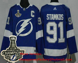 Men's Tampa Bay Lightning #91 Steven Stamkos Blue 2021 Stanley Cup Champions Authentic Jersey