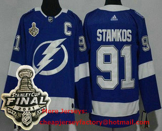 Men's Tampa Bay Lightning #91 Steven Stamkos Blue 2021 Stanley Cup Finals Authentic Jersey