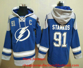 Men's Tampa Bay Lightning #91 Steven Stamkos Blue Ageless Must Have Lace Up Pullover Hoodie