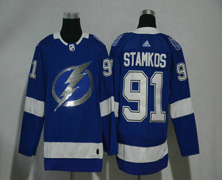 Men's Tampa Bay Lightning #91 Steven Stamkos Light Blue With Handwork Sequin Fashion Team Logo Home 2017-2018 Hockey Stitched NHL Jersey