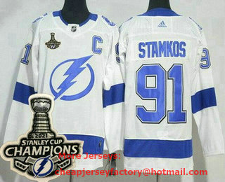 Men's Tampa Bay Lightning #91 Steven Stamkos White 2021 Stanley Cup Champions Authentic Jersey