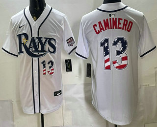Men's Tampa Bay Rays #13 Junior Caminero White 2026 USA 250 Fourth of July Home Stitched Jersey