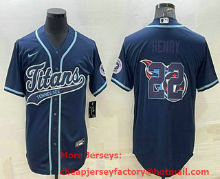 Men's Tennessee Titans #22 Derrick Henry Navy Team Big Logo With Patch Cool Base Stitched Baseball Jersey