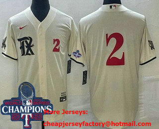 Men's Texas Rangers #2 Marcus Semien Cream City Player Number 2023 World Series Champions Cool Base Jersey