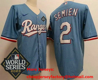 Men's Texas Rangers #2 Marcus Semien Light Blue Team Logo 2023 World Series Cool Base Jersey
