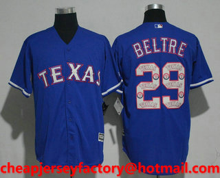 Men's Texas Rangers #29 Adrian Beltre Royal Blue Team Logo Ornamented Stitched MLB Cool Base Jersey