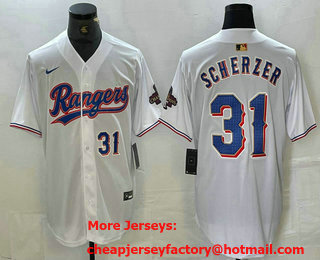 Men's Texas Rangers #31 Max Scherzer Number White 2023 World Series Champions Cool Base Jersey 11