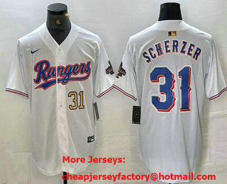 Men's Texas Rangers #31 Max Scherzer Number White 2023 World Series Champions Cool Base Jersey 12