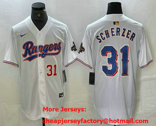 Men's Texas Rangers #31 Max Scherzer Number White 2023 World Series Champions Cool Base Jersey 13