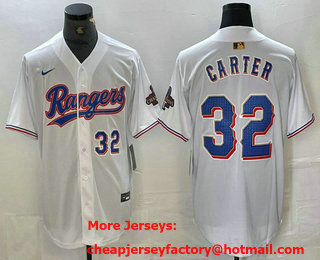 Men's Texas Rangers #32 Evan Carter Number White 2023 World Series Champions Cool Base Jersey 11