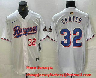 Men's Texas Rangers #32 Evan Carter Number White 2023 World Series Champions Cool Base Jersey 12