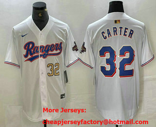 Men's Texas Rangers #32 Evan Carter Number White 2023 World Series Champions Cool Base Jersey 13