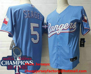 Men's Texas Rangers #5 Corey Seager Light Blue Team Logo 2023 World Series Champions Cool Base Jersey