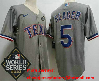 Men's Texas Rangers #5 Corey Seager Light Gray Team Logo 2023 World Series Cool Base Jersey